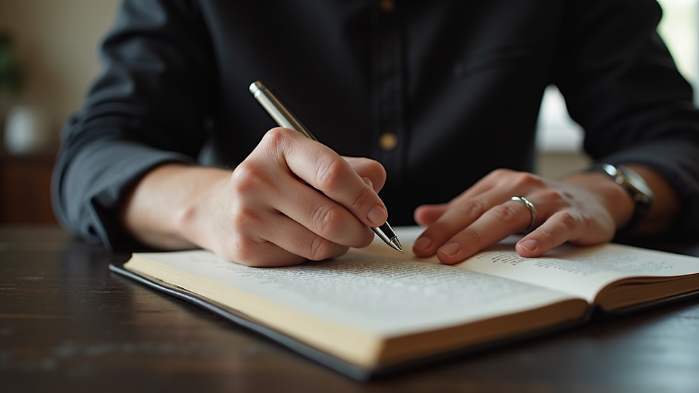 Close-up view of hands holding a prayer journal and pen