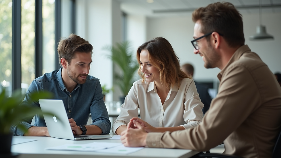 High angle view of a team collaborating in a bright office space