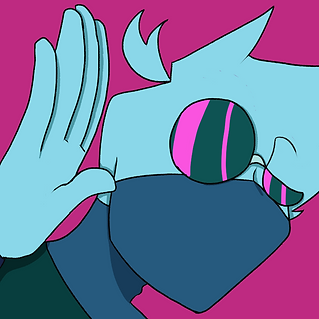 An image of Doodle, Leon's mascot character. A blue humanoid that wears round sunglasses and a face mask.