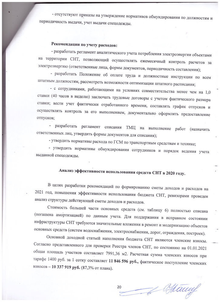 Выписка из Акта РЕВИЗИИ за 2020 год