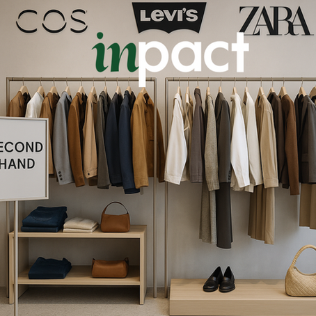 arara de roupa com placa de Second-hand e logo das marcas cos, levi´s e zara na parede 