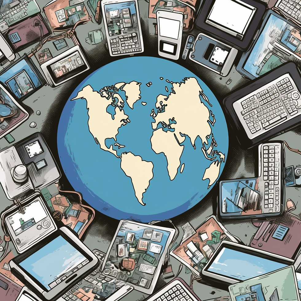 World surrounded by various computers and phones.