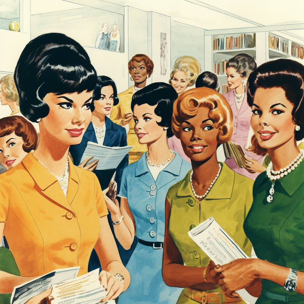 Smart women mompreneurs meeting, 1960's illustration