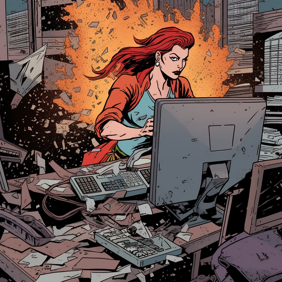 City being destroyed by technology. Redhead Woman typing on a computer.