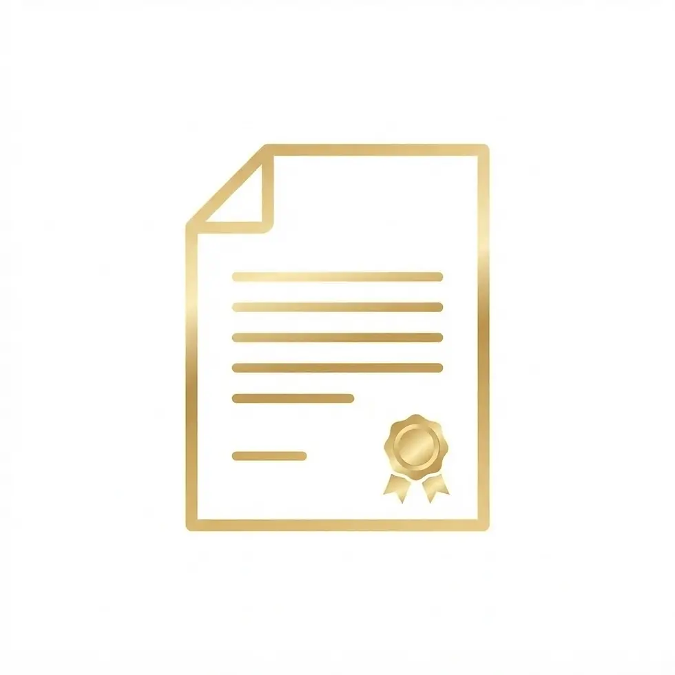 Minimalist digital illustration of a certificate or document icon. The design features a golden outline of a paper with lines indicating text and a decorative seal.