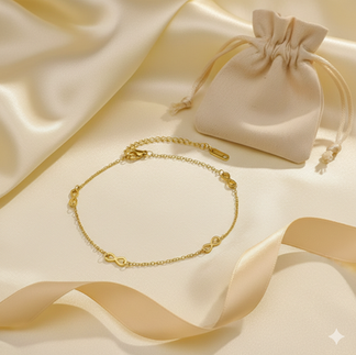 infinity symbol gold plated anklet with a suide jewelry pouch