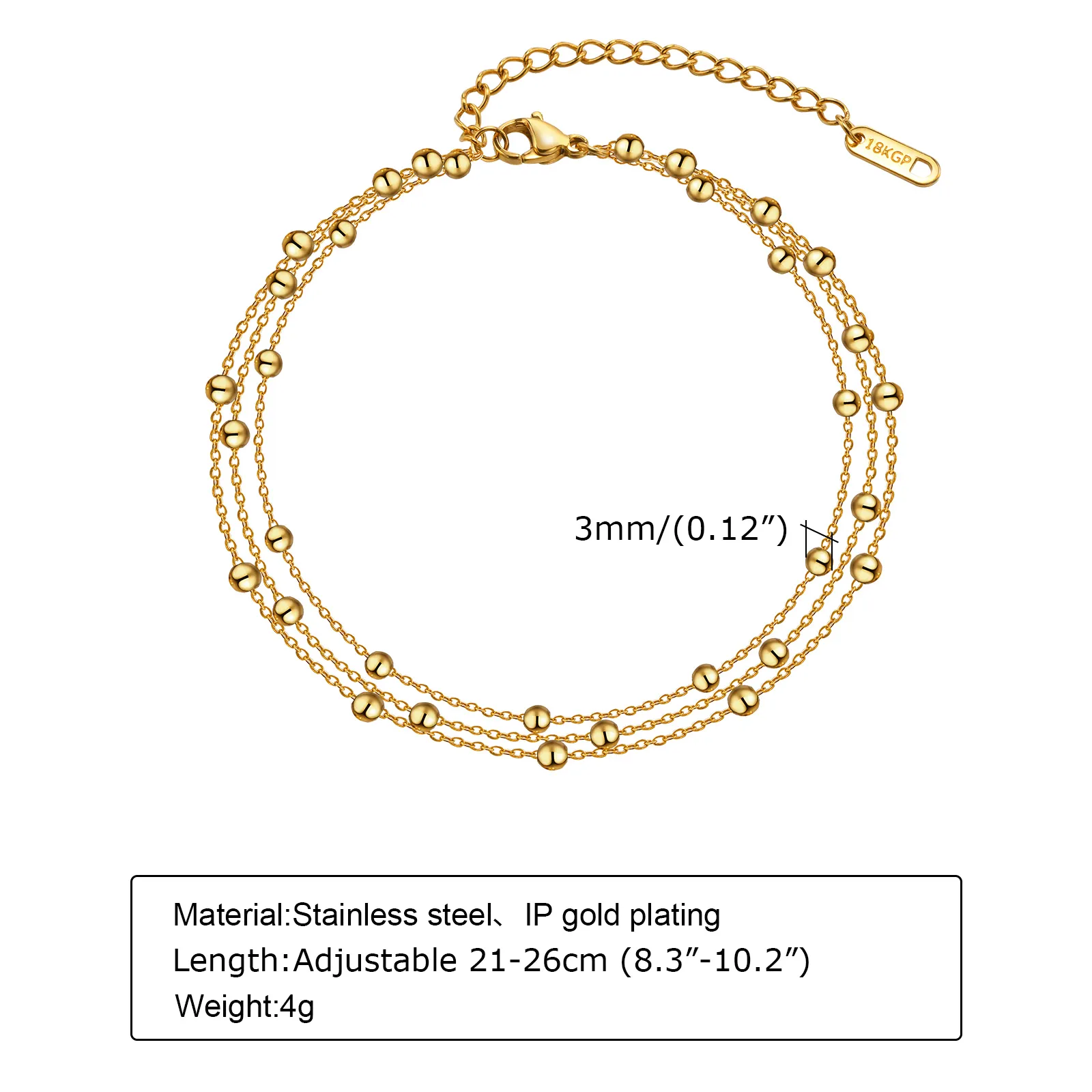 3 layer beads anklet with sizing guide.  Adjustable 21 - 26 cm (8.3 in - 10.2 in) weight 4g material : stainless steel with 18k gold plating