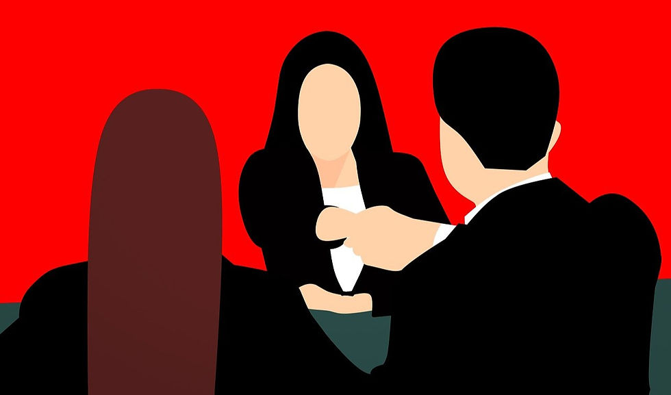 Three faceless people in suits engage in a handshake against a bright red background. The mood is formal and professional.