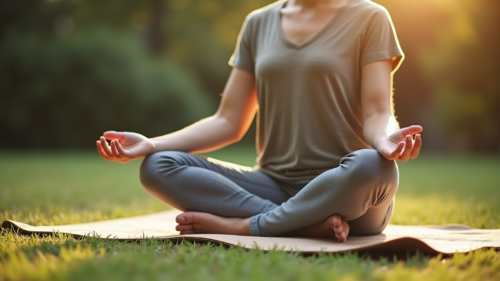 Close-up view of a person sitting cross-legged on a mat practicing meditation outdoors