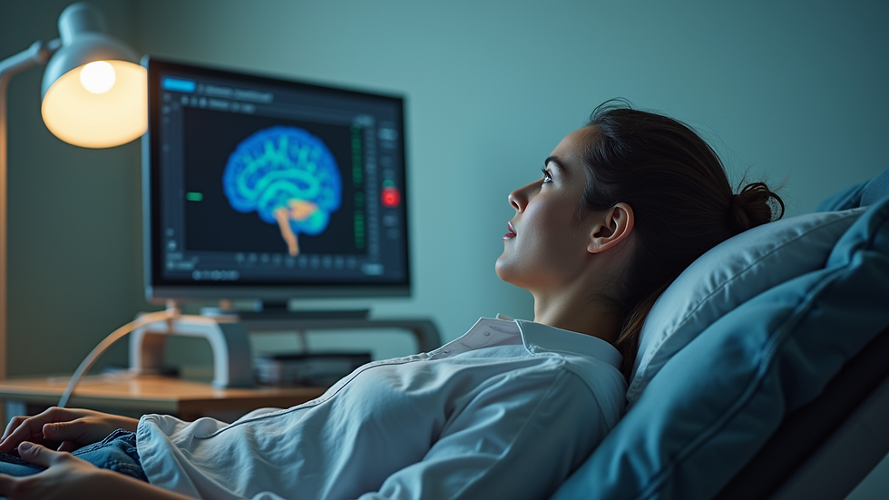 Eye-level view of a neurofeedback therapy session with a patient and monitoring equipment