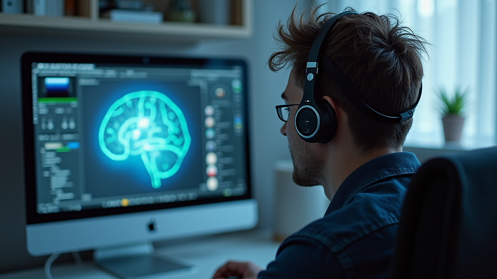 Eye-level view of a neurofeedback session setup with EEG sensors and computer screen