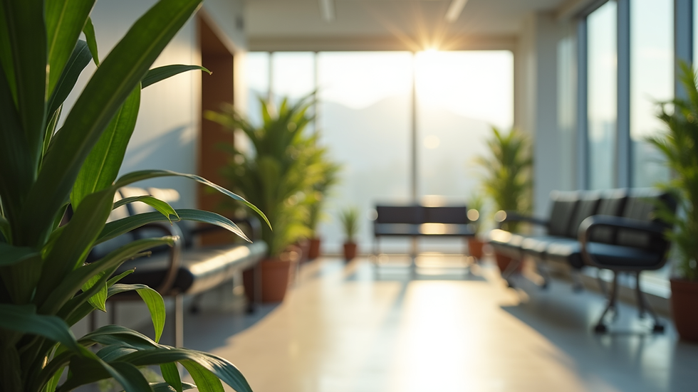 Close-up view of a calm waiting area with plants and soft natural light