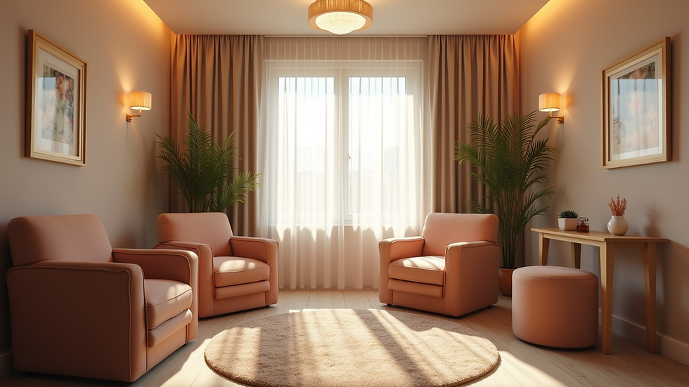 Eye-level view of a cozy therapy room with comfortable chairs and soft lighting