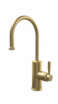Gold kitchen faucet with a curved spout and lever. Rachiele.
