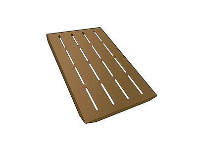 Wooden cutting board with thin slits and holes designed for kitchen use, Rachiele.
