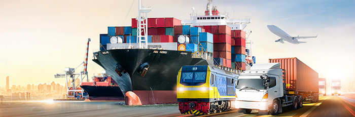 Container ship, freight train, truck, and cargo plane.
