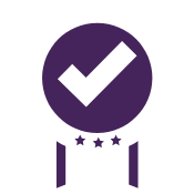 Purple seal with a white checkmark and three stars.