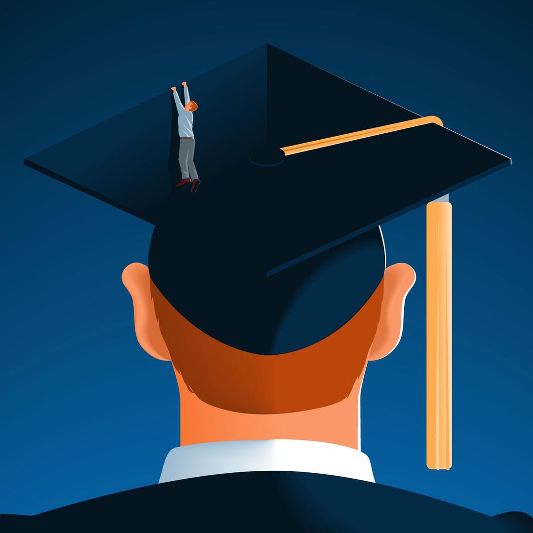 Small person climbing a giant graduation cap.