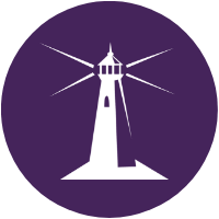 White lighthouse icon with beams on purple circle.