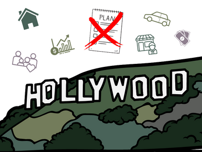 Hollywood sign with a crossed-out plan and life icons.