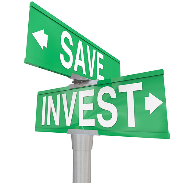 Green street signs pointing to Save and Invest