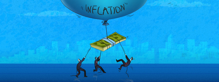 People pulling down a stack of cash tied to an inflation balloon
