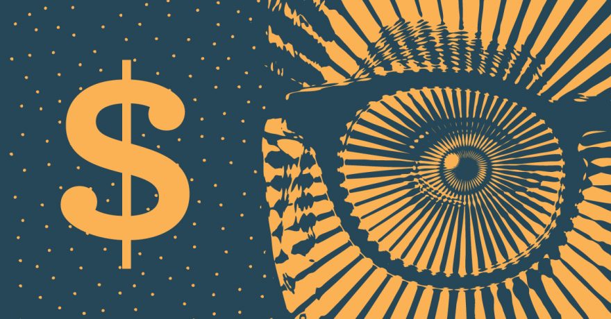 Dollar sign next to an eye with radiating lines