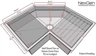 Diagram of Rachiele corner sink showing dimensions and text: Half Sheet Pan