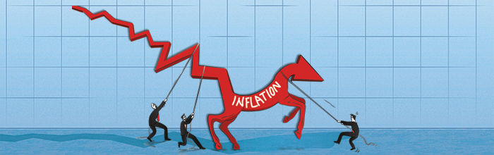 Businessmen pulling down a red arrow shaped like a horse with the word INFLATION on it.