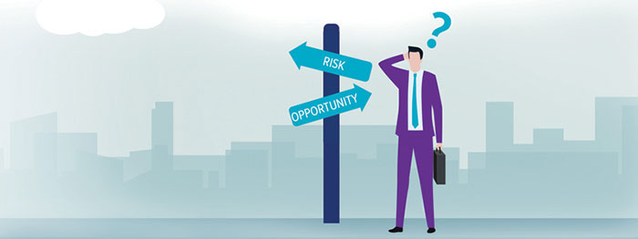 Businessman deciding between Risk and Opportunity signs