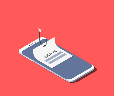 Fishing hook catching a sign-in form on a smartphone.