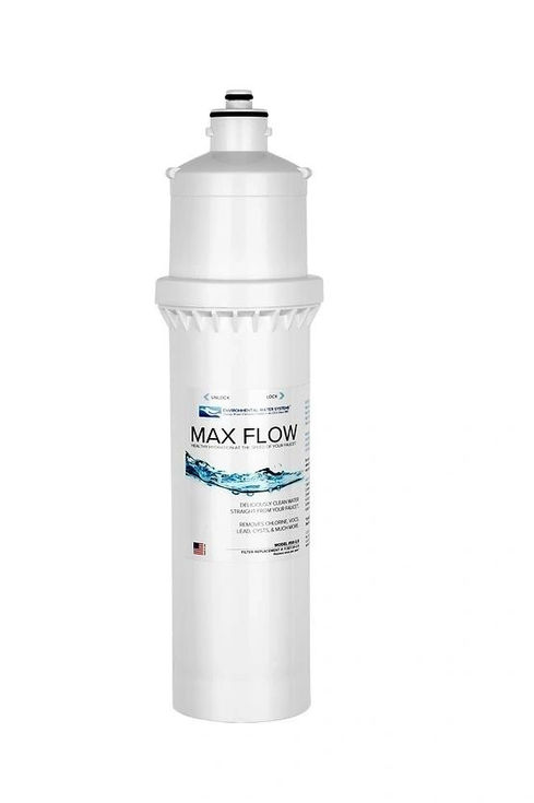 White MAX FLOW water filter with text, product information, and background details.