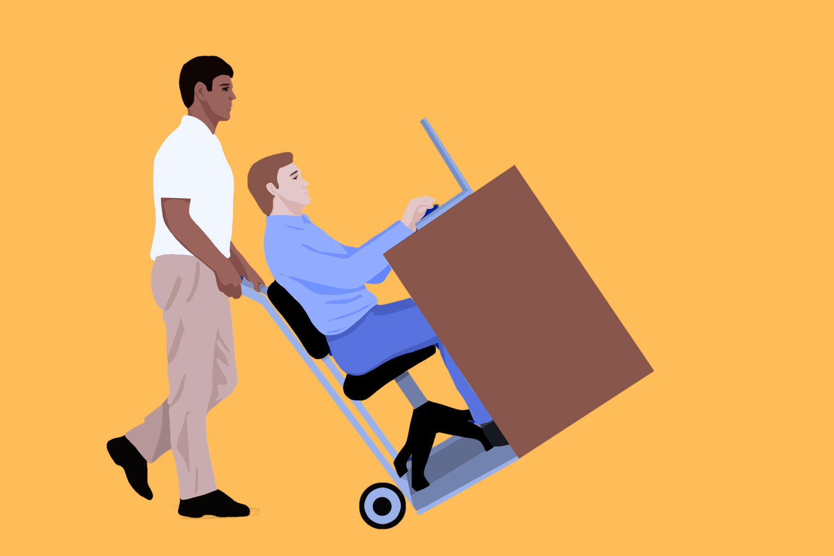 Man pushing a dolly with a person working at a desk