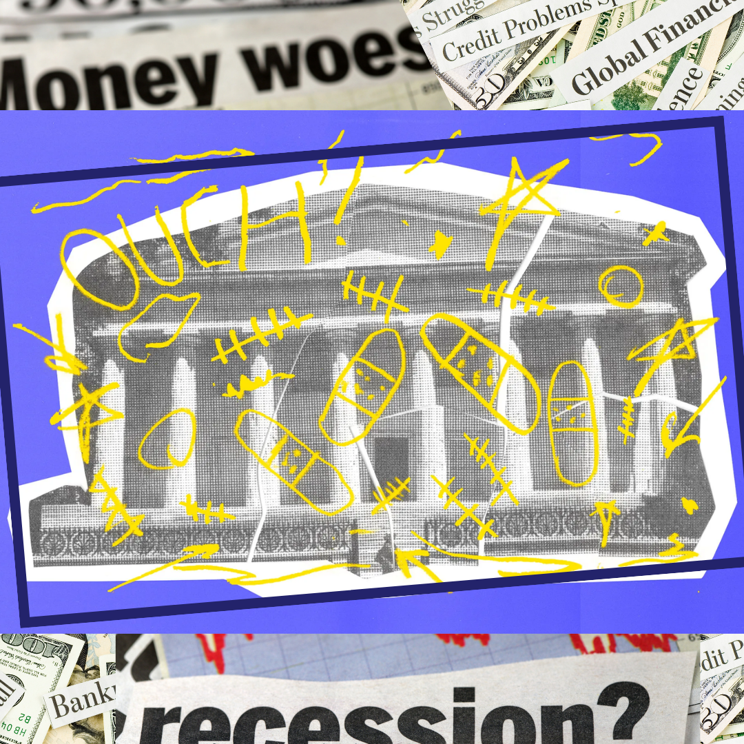 Bank with bandages amid recession news headlines.