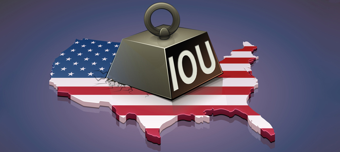 Heavy IOU weight crushing a map of the United States.