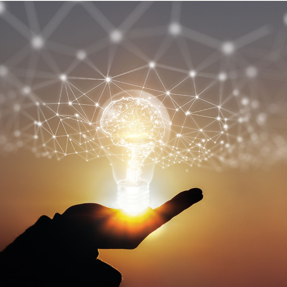 Hand holding glowing light bulb with digital network dots