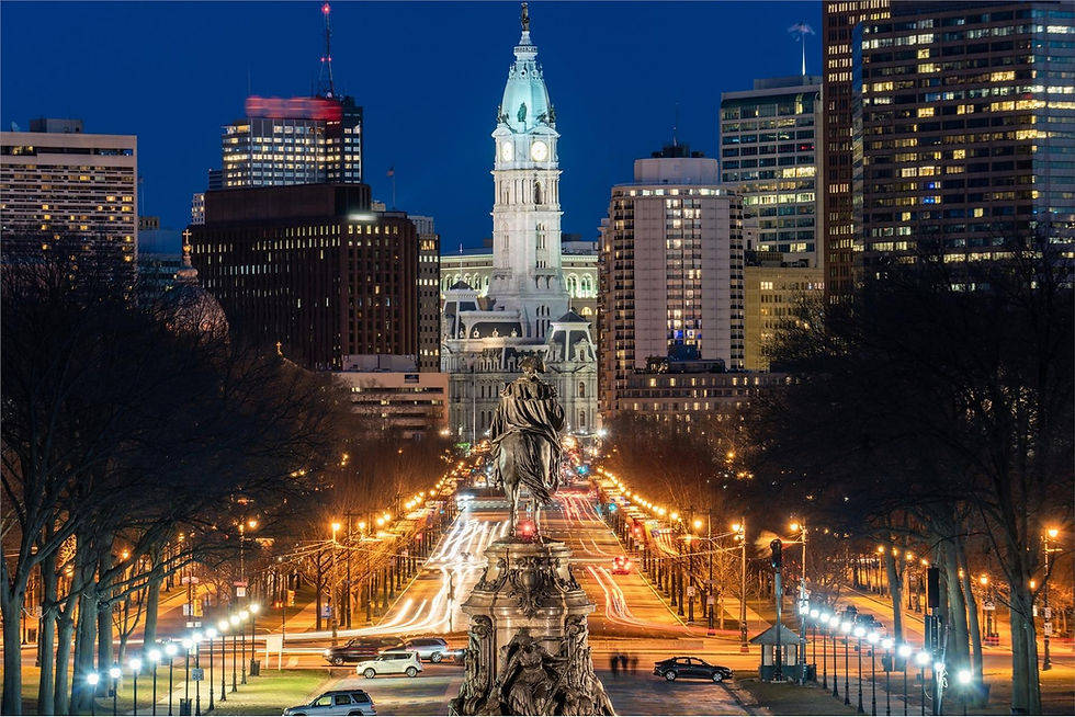 Philadelphia City Hall at night from Benjamin Franklin Parkway