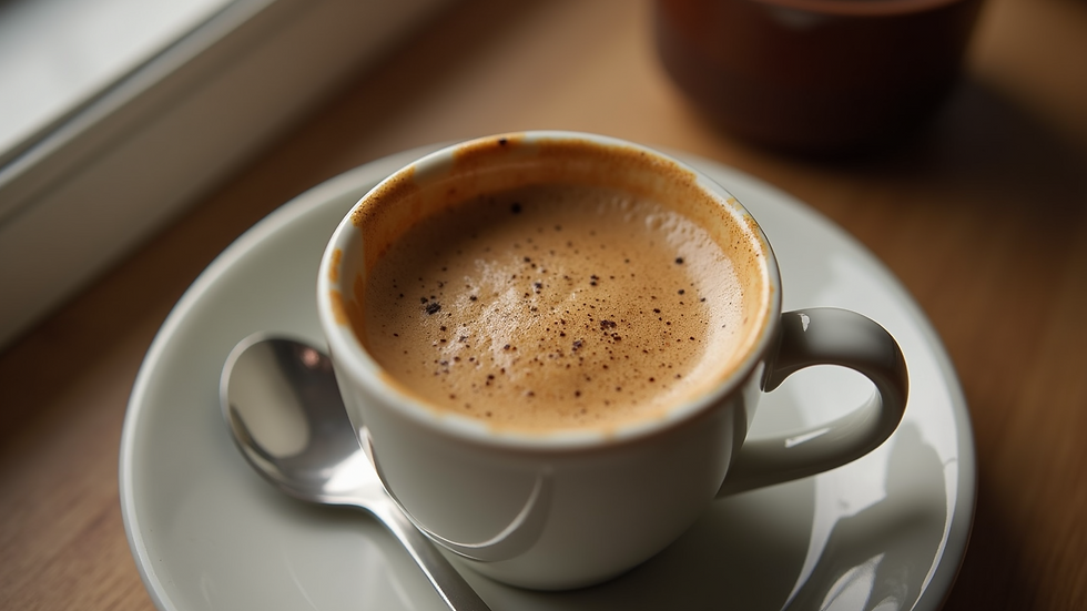 Close-up view of a freshly brewed cup of coffee with crema on top