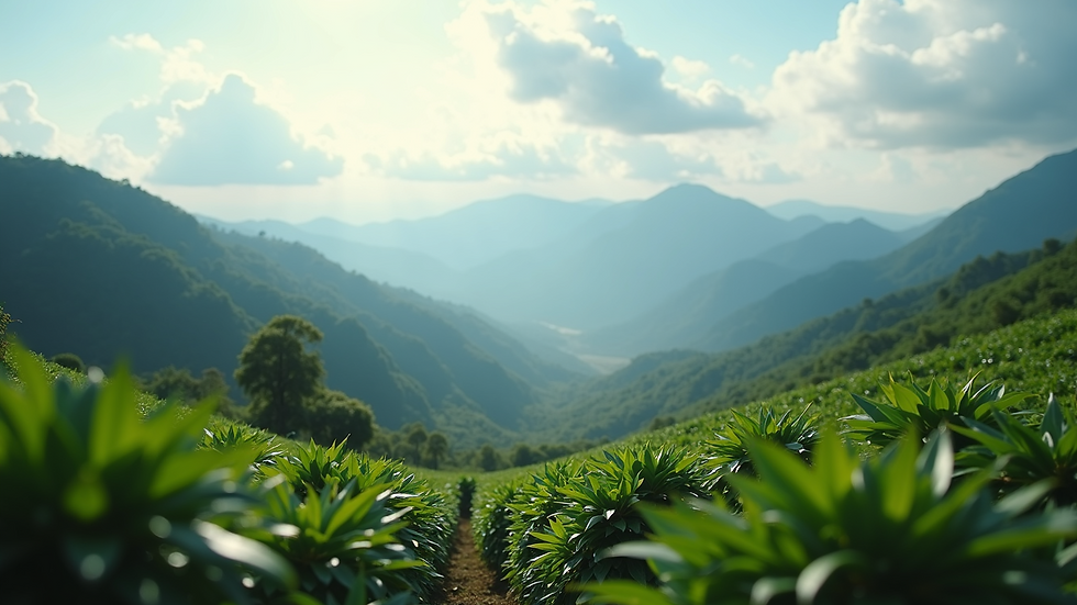 Wide angle view of a serene mountain landscape with coffee plants in the foreground