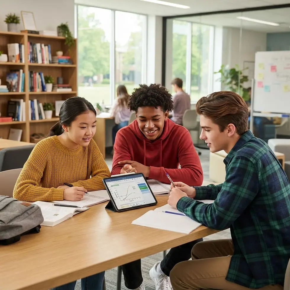 Studio photography of a diverse group of three college students studying together at a library table with a tablet. The setting is bright, collaborative, and academic.