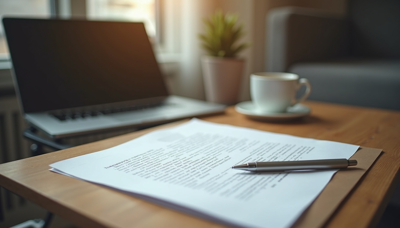 Plano de mesa com documentos, laptop e caneta, representando planejamento estratégico