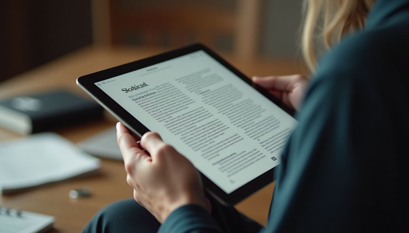 Eye-level view of a person reading a legal e-book on a tablet