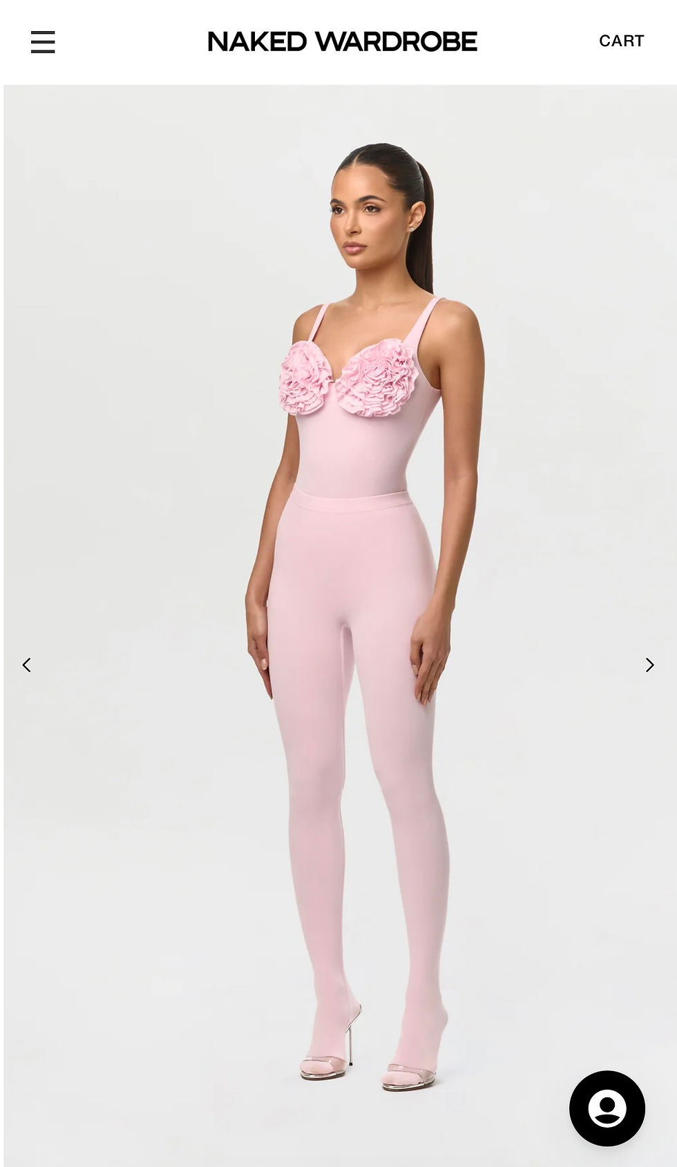 Fashion model in pink bodysuit and closed toe leggings on Naked Wardrobe site, with cart menu visible.