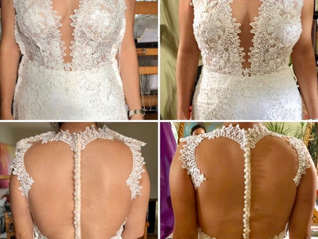 before and after wedding dress alterations for bodice and back lace placement in Los Angeles