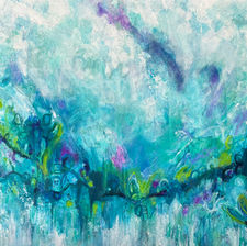 abstract landscape acrylic painting, turquoise and magenta