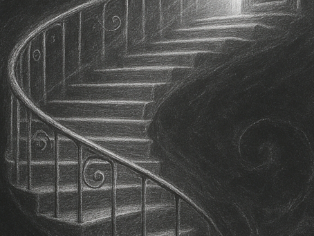 Escalera en espiral dibujada con tiza blanca sobre fondo oscuro.