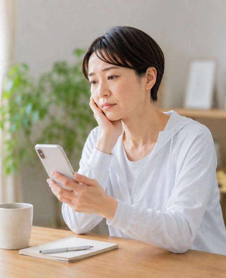 SNS、YouTube、ネットの情報で不安になっている女性の姿