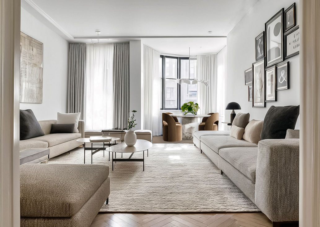 Elegant living and dining area in NYC pied-à-terre featuring custom sofas, herringbone wood floors, neutral tones, bay window, and curated urban design.