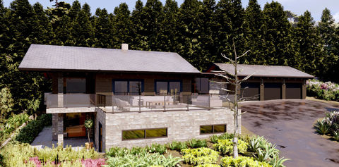 Aspen mountain home with stone base, timber upper volume, detached garage, and forest-facing terrace designed by Santini Studio.