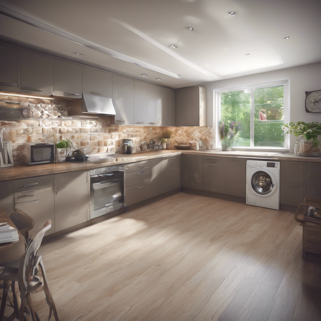 Modern kitchen with stone backsplash, grey cabinets, and wood floors. Sunlit window, lush plants, and appliances create a cozy atmosphere.